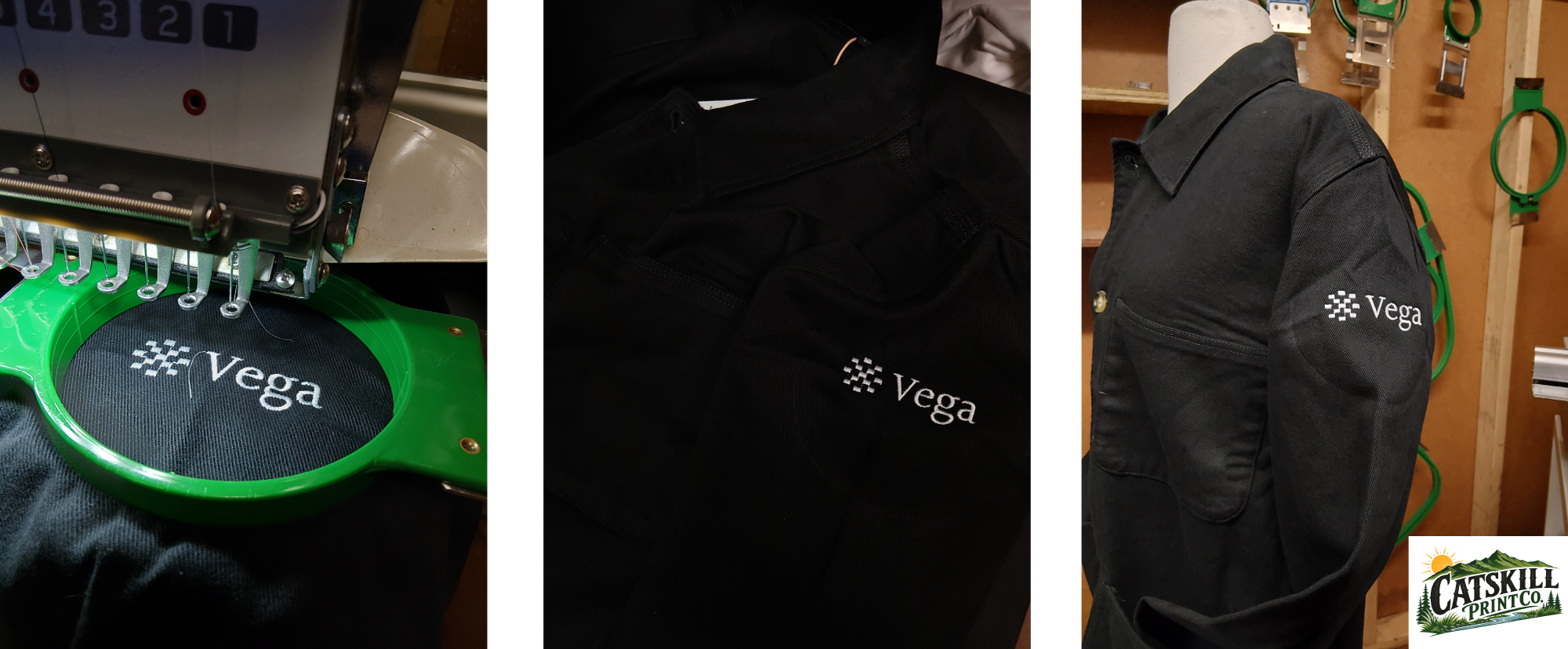 Three-photo embroidery layout showing Vega logo stitch-out, finished embroidered polo, and sleeve embroidery on workwear