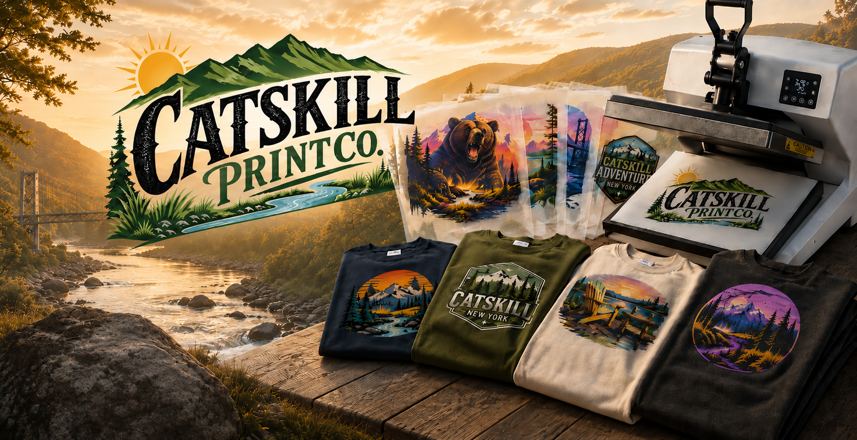 Catskill Print Co. DTF printing banner with transfer film, apparel, heat press equipment, and Hudson Valley scenery